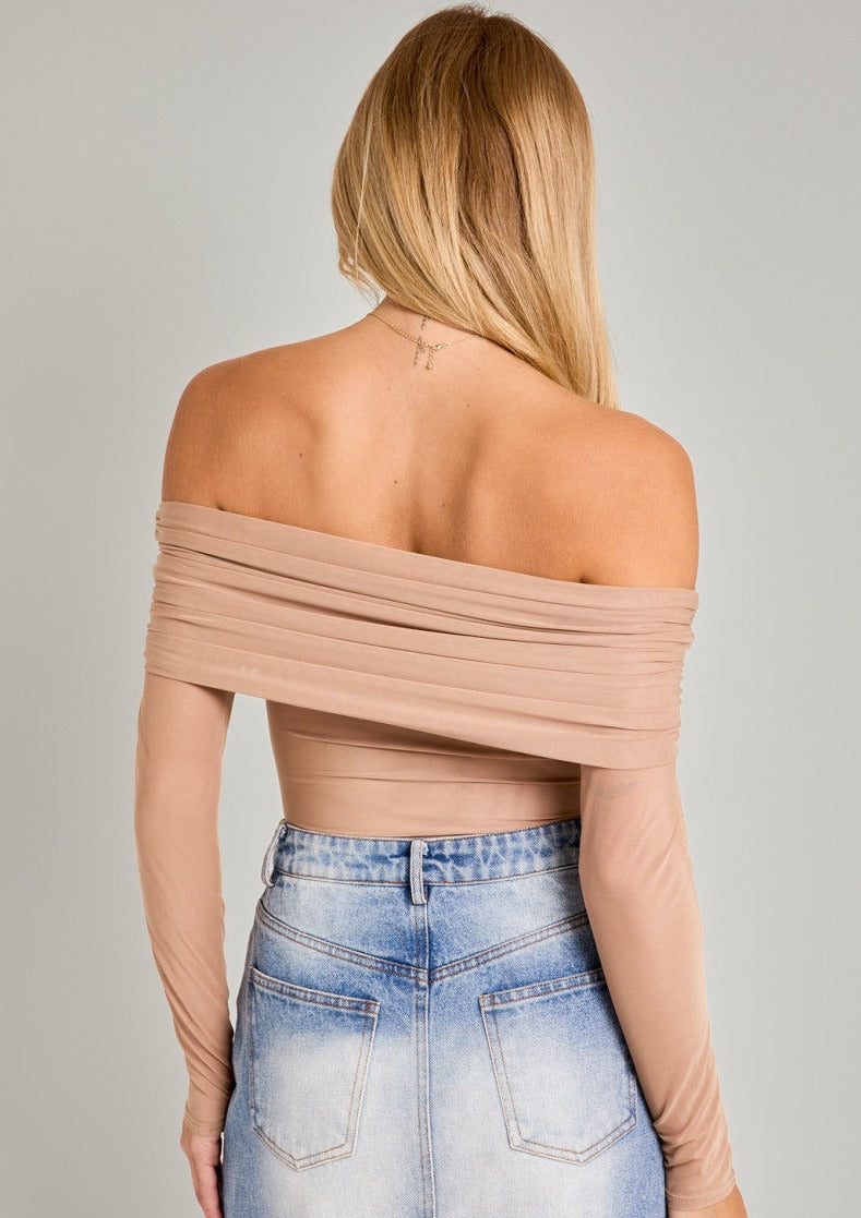 Off Shoulder Mesh Bodysuit, Taupe