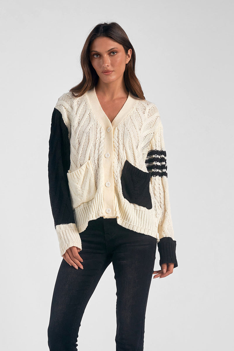 Contrast Knit Cardigan, Cream/Black