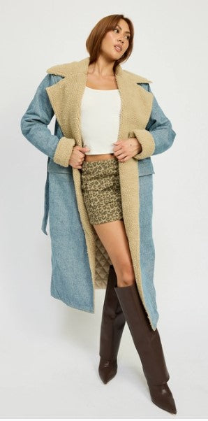 Sherpa Collar Denim Trench Coat