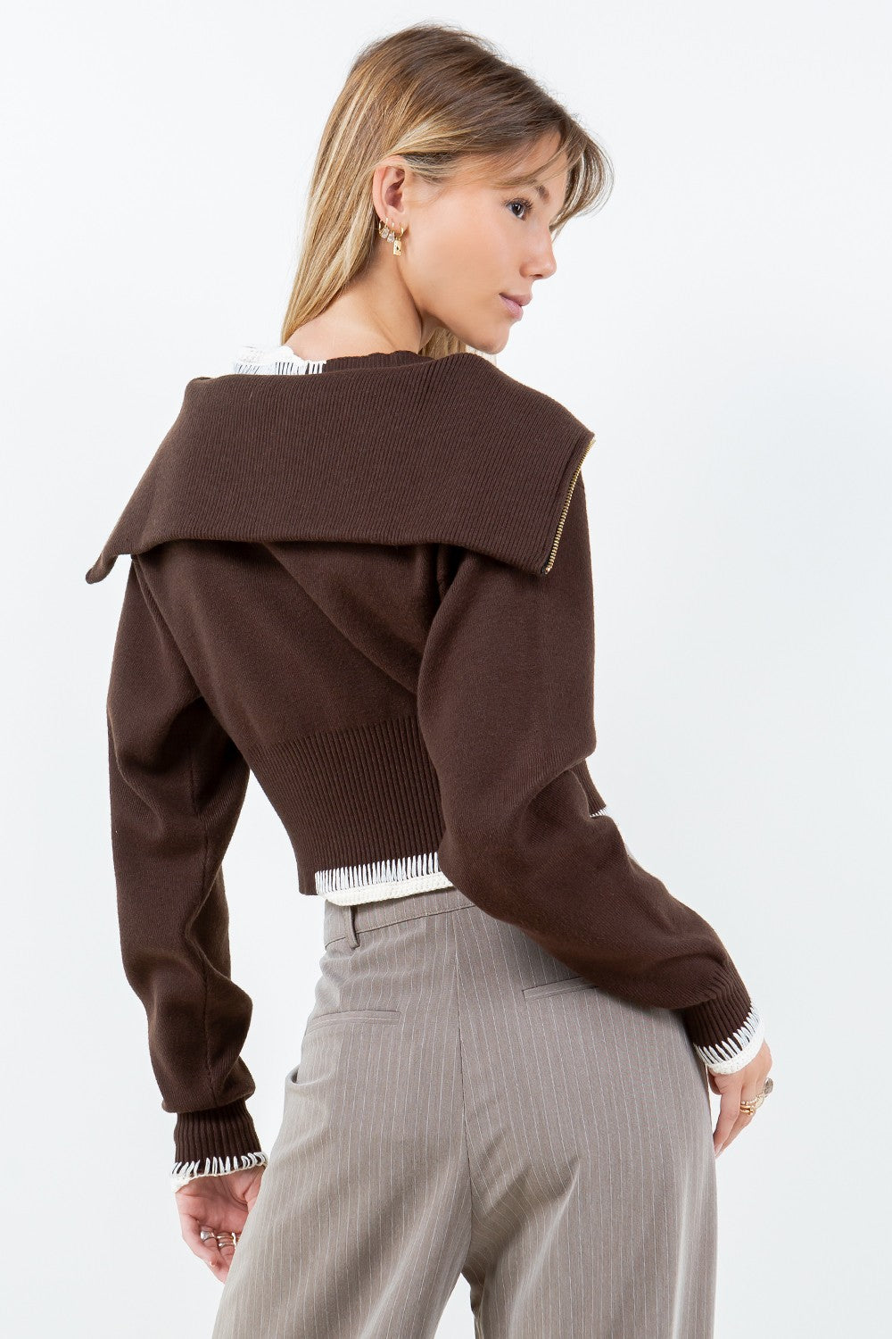 Double Layer Contrast Zip Up Sweater, Brown