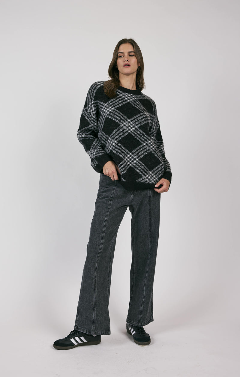 Brooke Plaid Print Sweater, Black/White