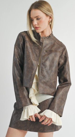 Vegan Leather Biker Jacket, Chocolate