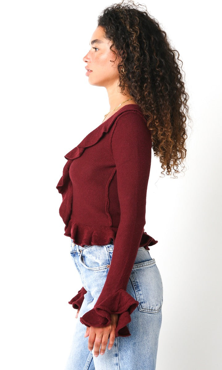 Shelby Ruffle Sweater, Burgundy