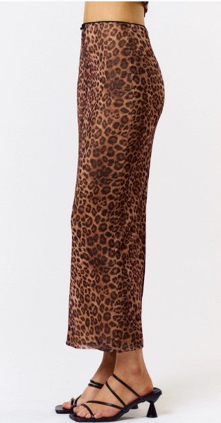 Leopard Mesh Maxi Skirt, Brown