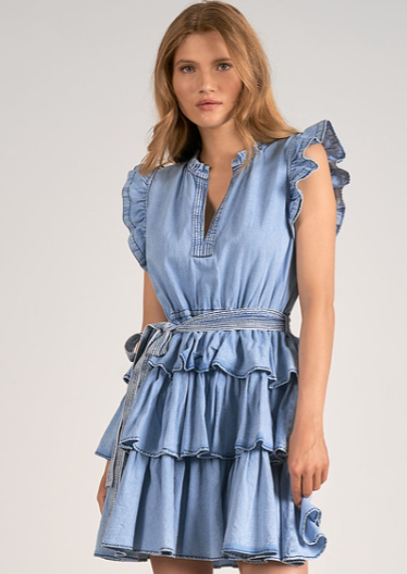 Sleeveless Ruffle Mini Dress, Blue Wash