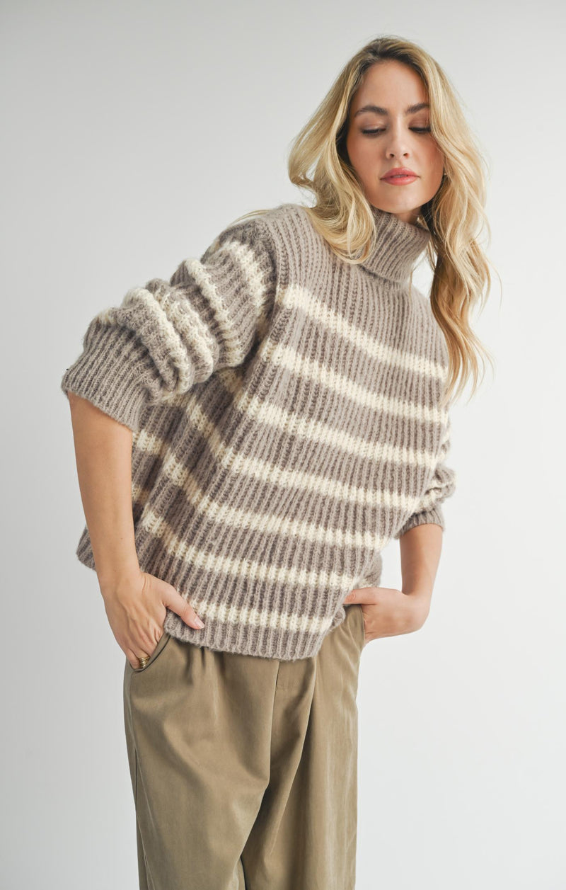 Aki Turtleneck Striped Sweater, Moss