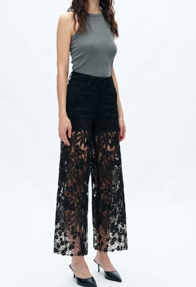 High Rise Lace Pants with Rhinestones, Black