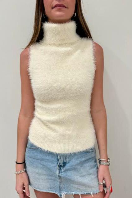 Cozy Turtleneck Sleeveless Sweater, Off White