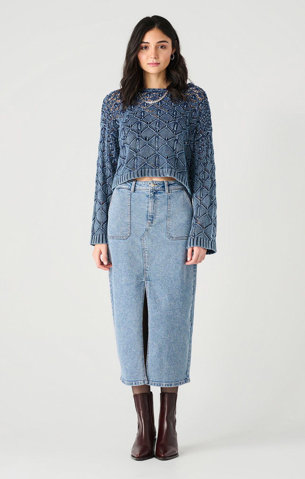 Long Sleeve Crochet Sweater, Indigo