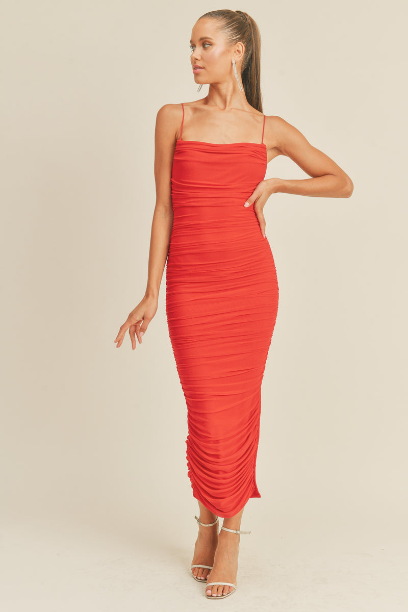 Ruched Mesh Midi Dress, Red