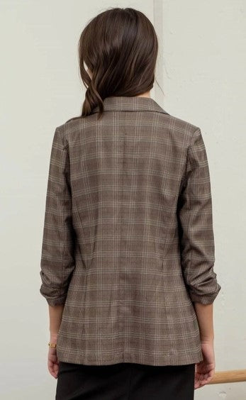 Ruched Sleeve Plaid Blazer, Dark Mocha