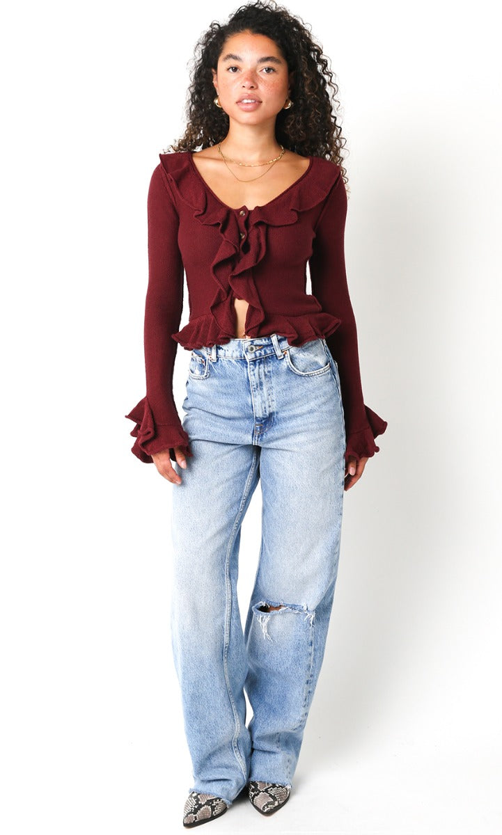 Shelby Ruffle Sweater, Burgundy