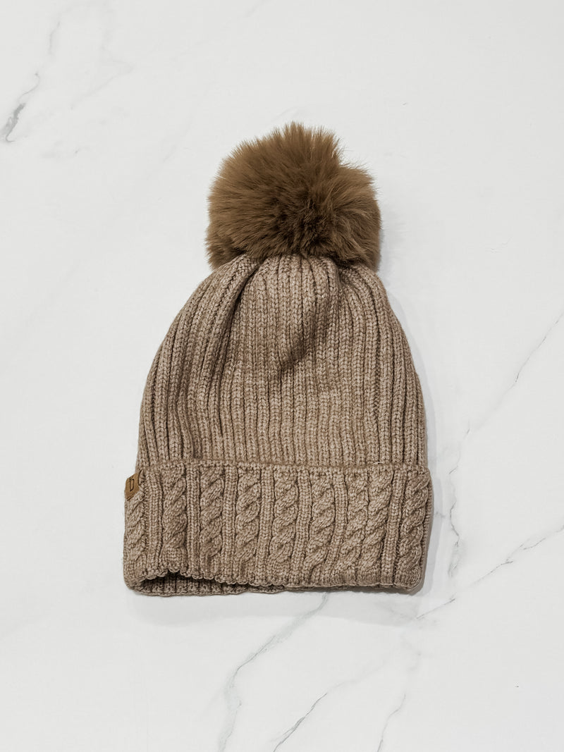 Cable Knit Beanie with Faux Pom, Taupe