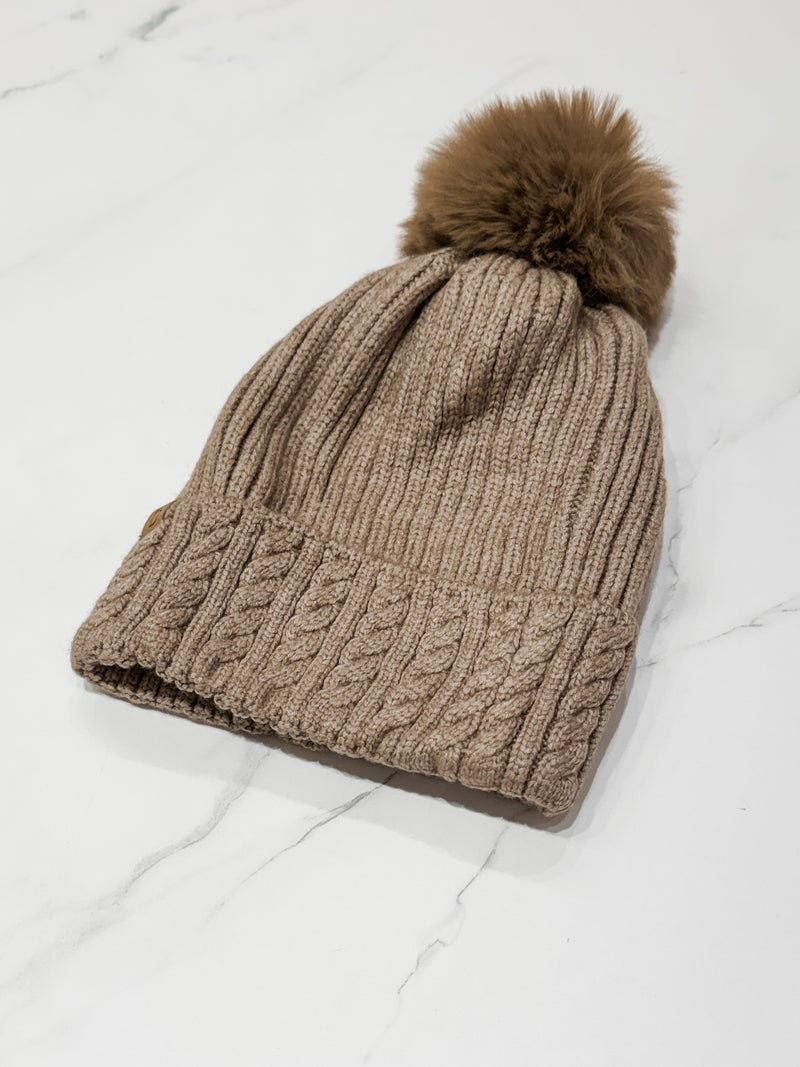 Cable Knit Beanie with Faux Pom, Taupe