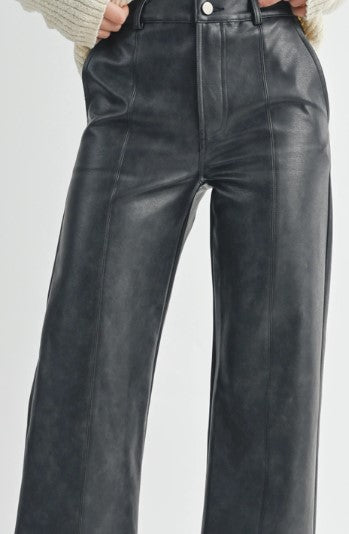 Rebel Seamed Vegan Leather Pants, Black