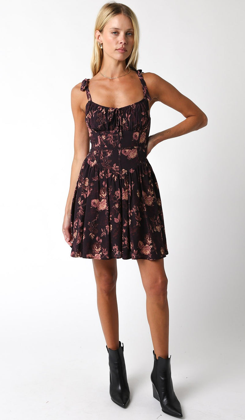 Corset Mini Dress, Brown Floral