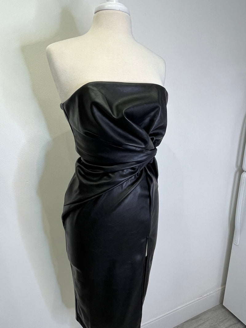 Strapless Faux Leather Midi Dress, Black