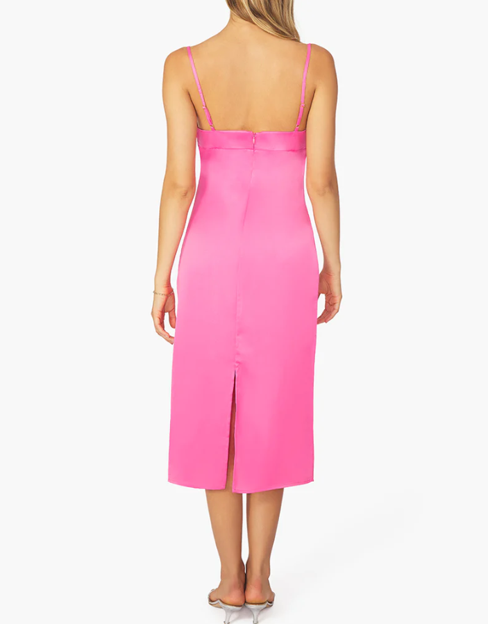 Satin Cowl Midi Dress, Hot Pink