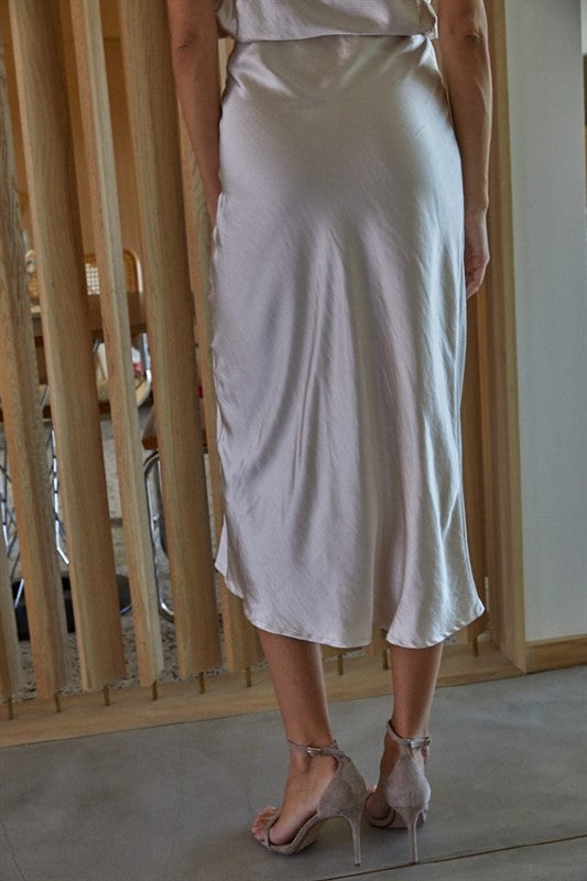 Satin Elastic Waist Midi Skirt, Pearl