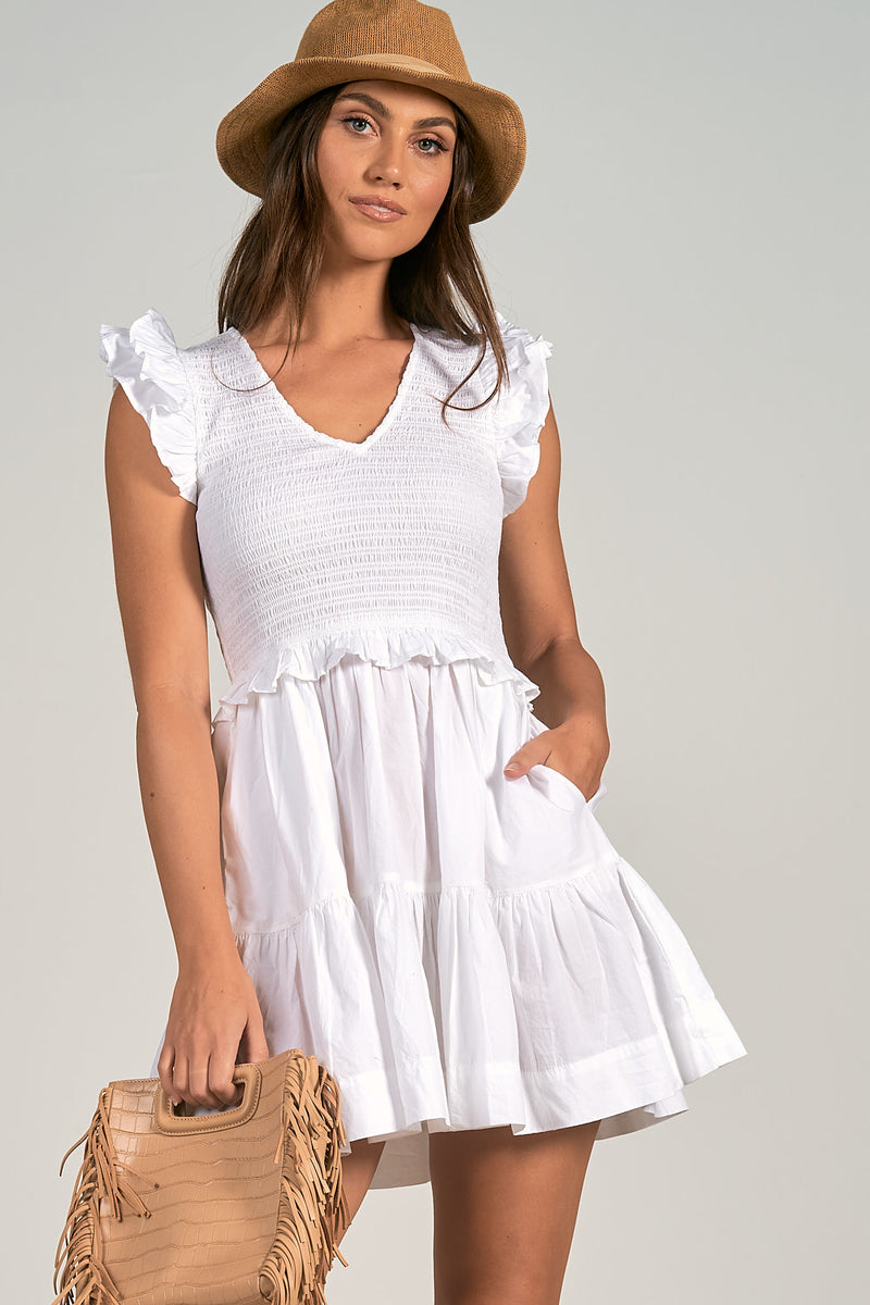 Short Sleeve Smocked Ruffle Sleeve Mini Dress, White