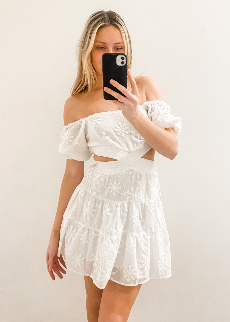 Puff Sleeve Cutout Mini Dress, Off White