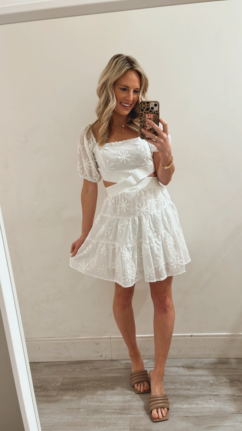 Puff Sleeve Cutout Mini Dress, Off White