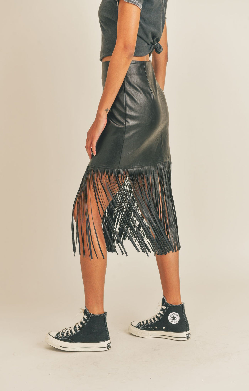 Wild West Vegan Leather Fringe Mini Skirt, Black