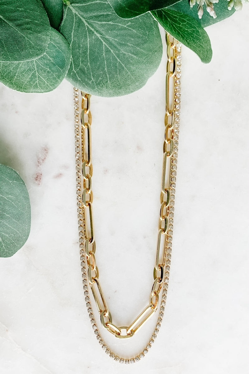 Two Layer Metal Stone Necklace, Gold