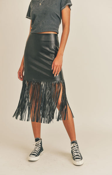 Wild Side Faux Leather Fringe Skirt - Black