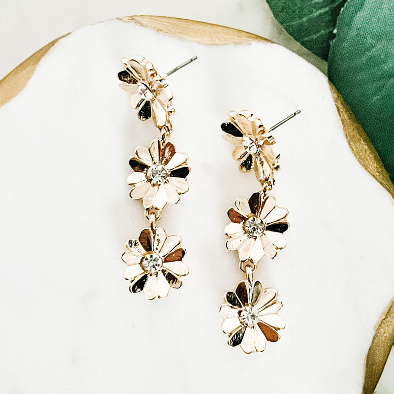 Three Drop Flower Earrings, Gold