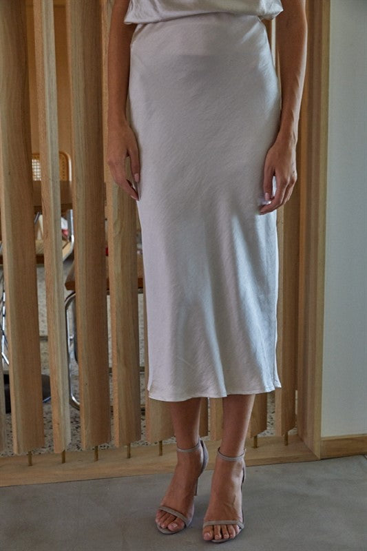 Satin Elastic Waist Midi Skirt, Pearl