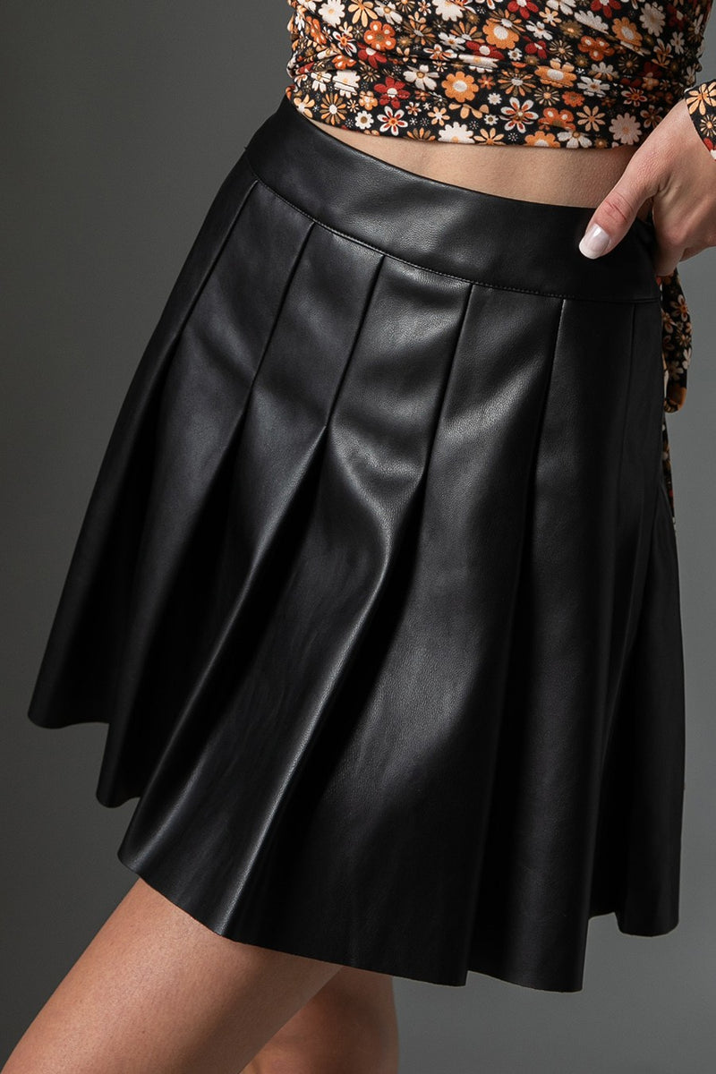 Pleated Leather Mini Skirt, Black